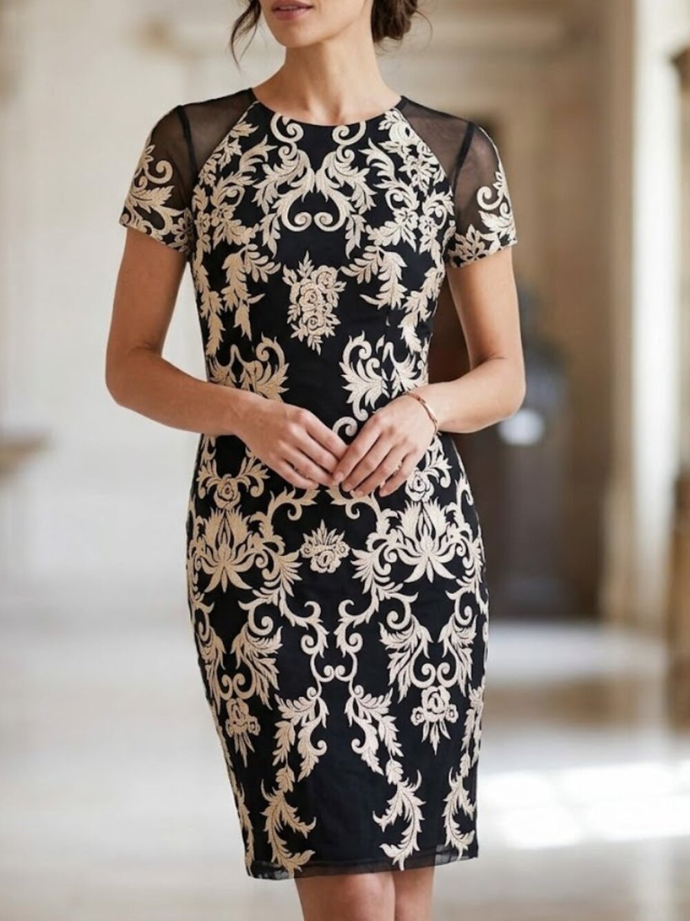 JAX Black Label Sheath Dress  with Gold Champagne Metallic Embroidery Sz 6 NWOT